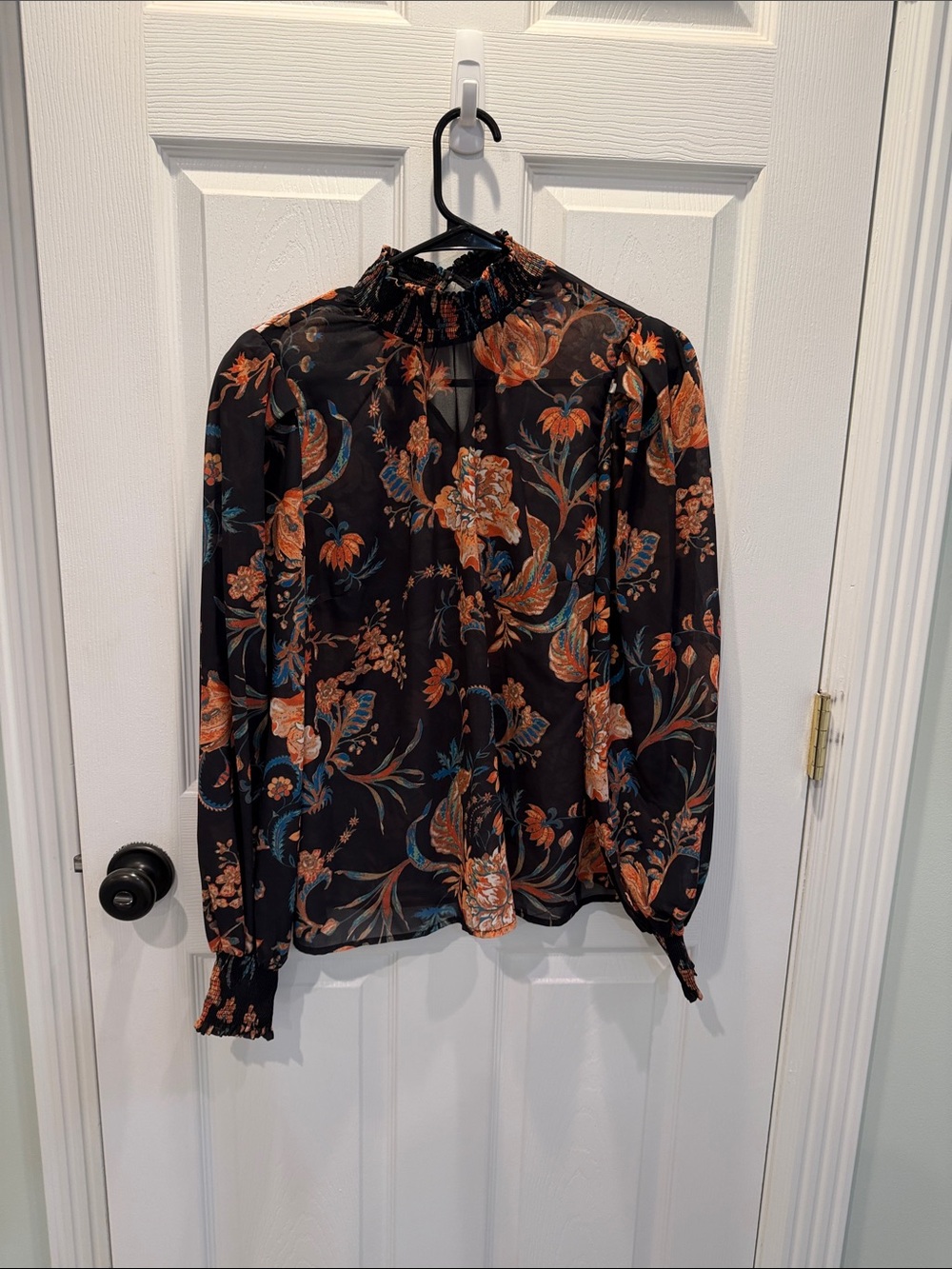 Flying Tomato Black Blouse with Orange Floral Print like new